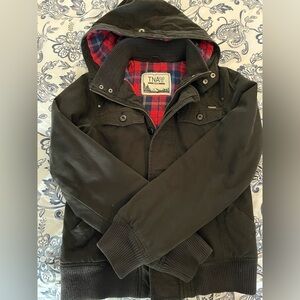Aritzia TNA Maverick Jacket medium black with detachable hood plaid interior